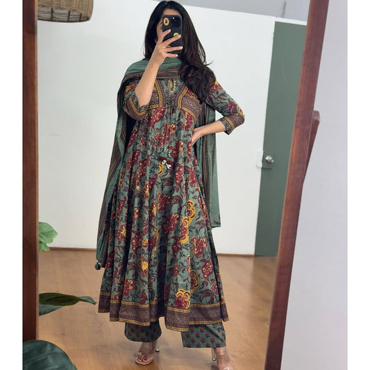 FLORAL PRINTED PURE COTTON ANARKALI SUIT PAIRED WITH PANT AND DUPATTA