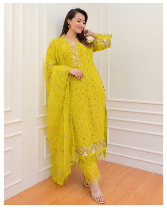 PURE COTTON PAKISTANI SCHIFFI CUTWORK SUIT SET  WITH EMBROIDERY WORK