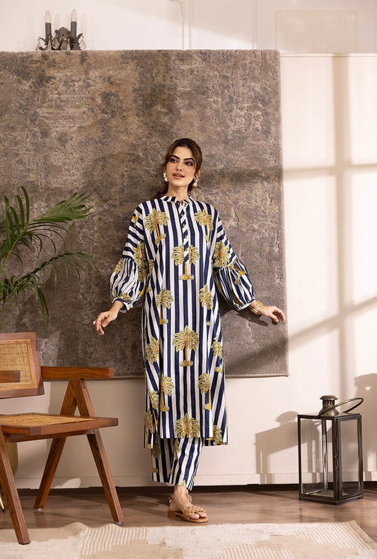 STYLISH BLUE AND WHITE PALM HAZEL KURTA SET