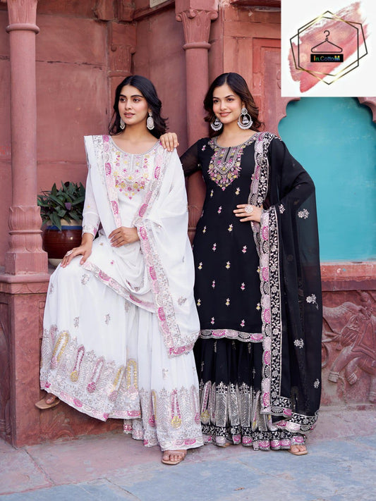 FAUX GEORGETTE SHARARA SUIT SET WITH THREAD SEQUENCE WORK