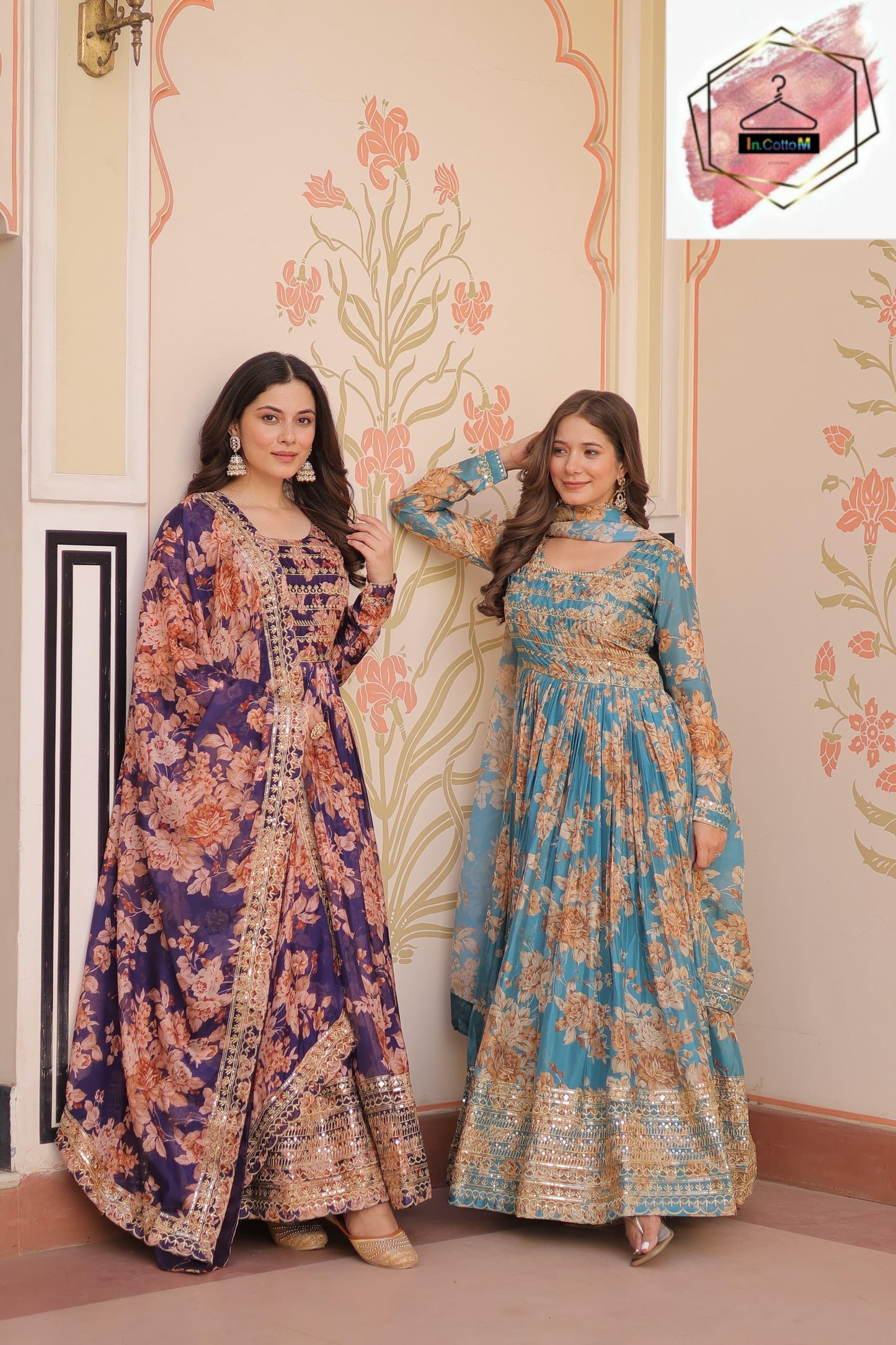 DAZZLING DESIGNER RUSSIAN SILK DIGITAL PRINT GOWN WITH EMBROIDERY SEQUENCE WORK