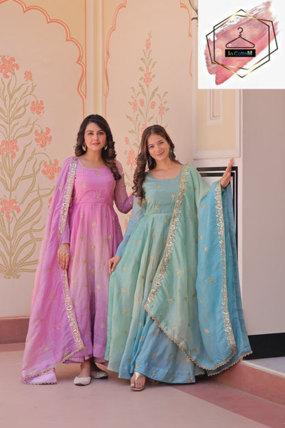 CHARMING GOWN SET WITH MULTI EMBROIDERY WORK AND ORGANZA DUPATTA