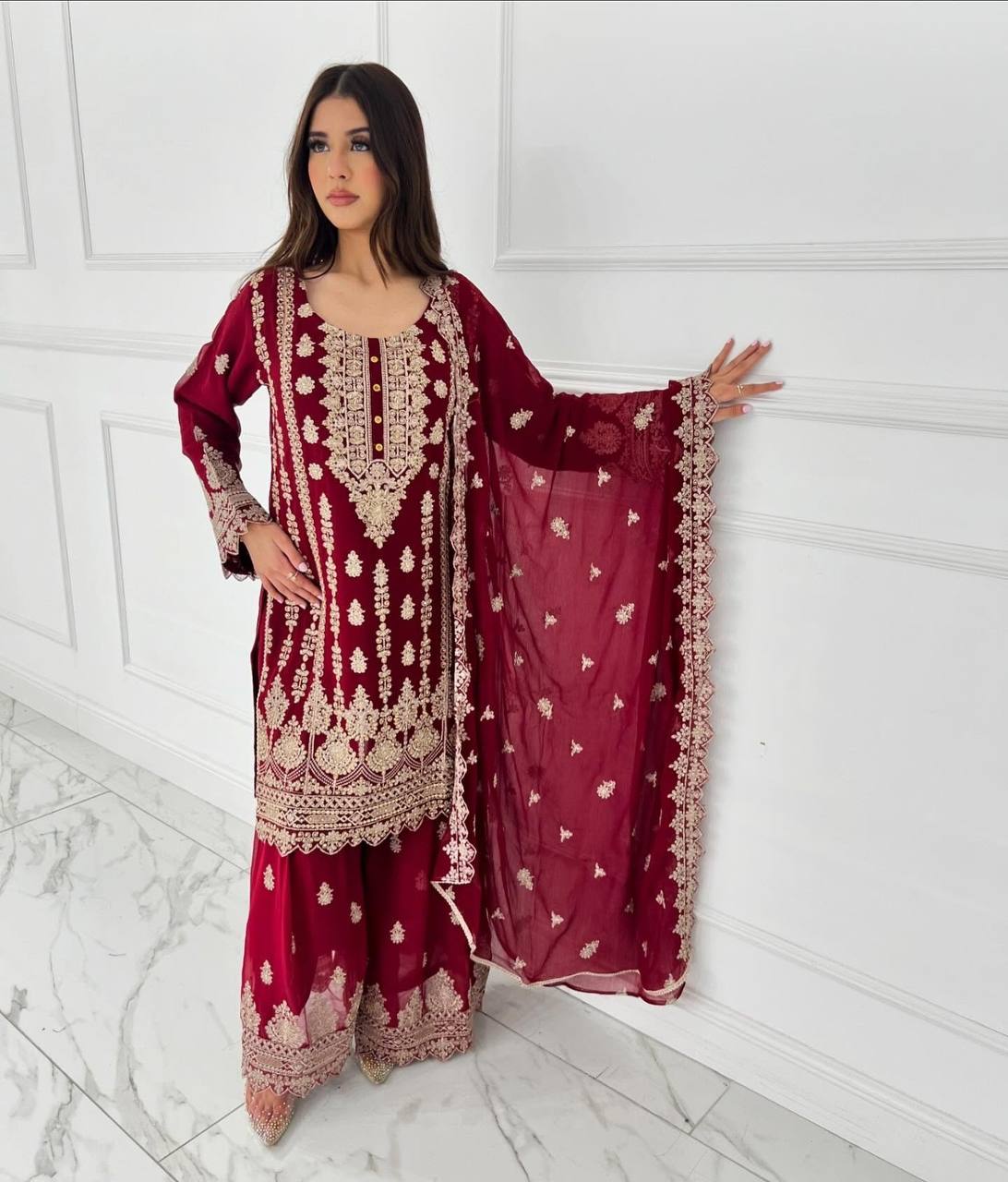 SCARLET FAUX GEORGETTE SUIT SET WITH HEAVY SEQUENCE WORK