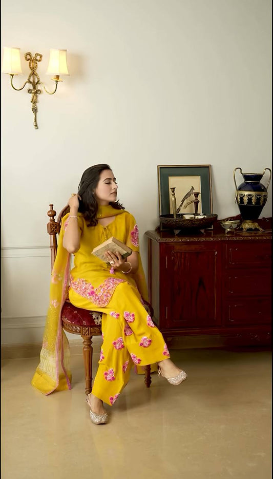 MUSTARD HAND EMBROIDERY SUIT SET STITCHED IN SILKEN THREADS AND SEQUENCE WORK