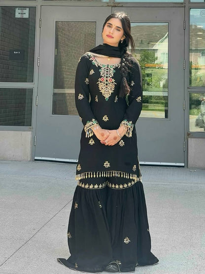 GORGEOUS SHARARA SUIT SET WITH HEAVY CHINNON SILK AND EMBROIDERY SEQUENCE WORK