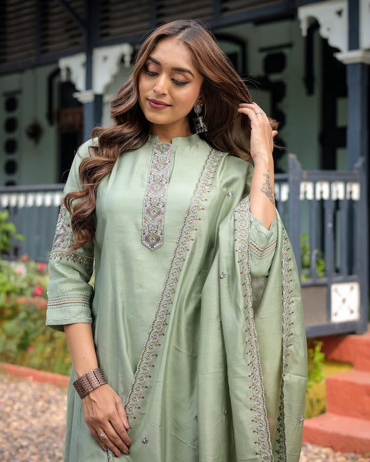 TRADITIONAL MUSLIN 3 PIECE SUIT SET WITH SEQUENCE EMBROIDERY WORK