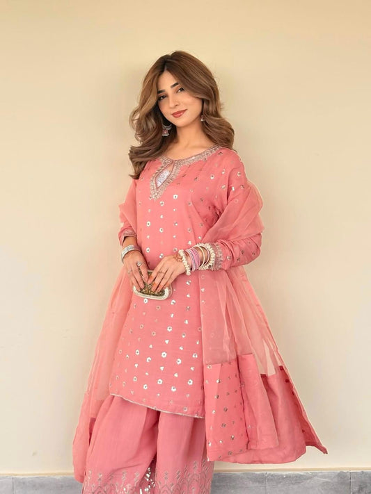 RAVISHING HEAVY CHINNON SILK SUIT SET WITH FARSHI SALWAR AND ZARI ORGANZA DUPATTA