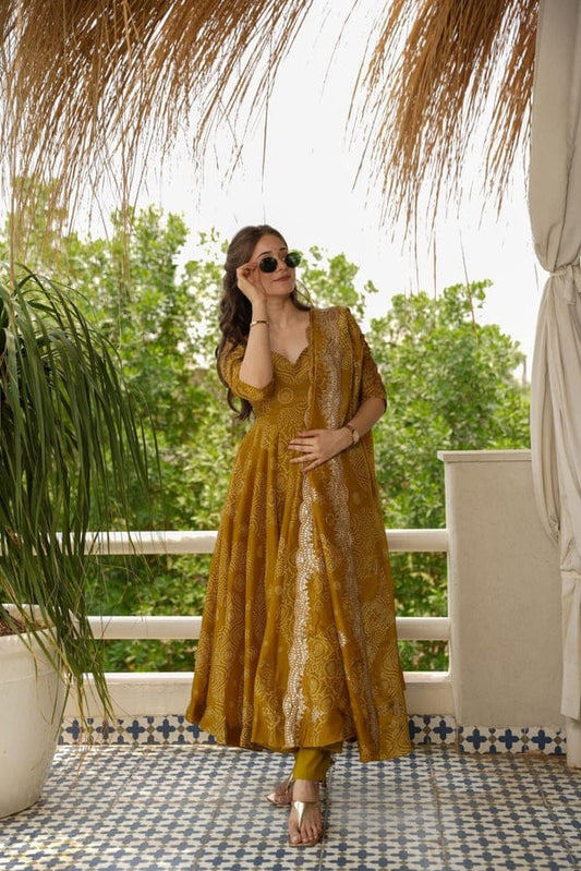 HEAVY FANCY MUSTED YELLOW ANARKALI DREES FO  WOMEN