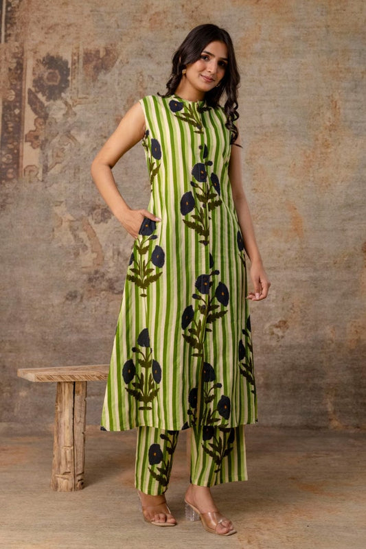 LA ROSE HAND BLOCK COTTON  A-LINE SLEEVE LESS KUTA PANT SET