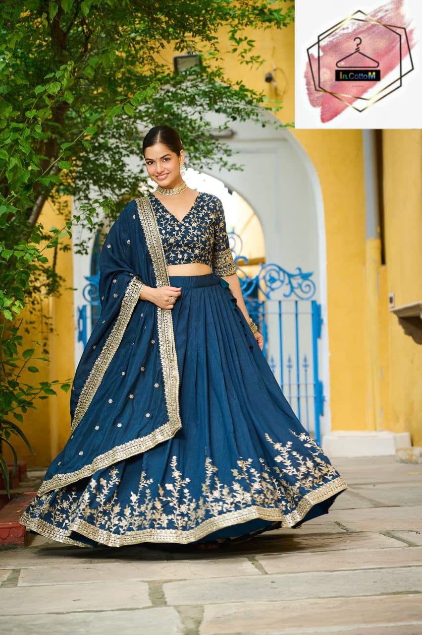 In.CottoM - NAVY BLUE SILK LEHENGA (Fully Stitched)