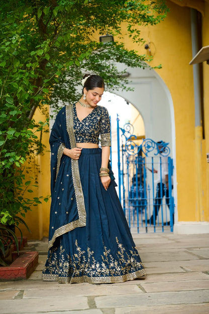 In.CottoM - NAVY BLUE SILK LEHENGA (Fully Stitched)