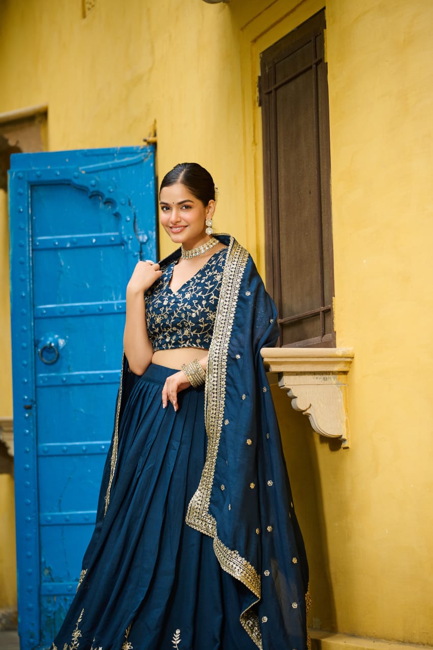In.CottoM - NAVY BLUE SILK LEHENGA (Fully Stitched)