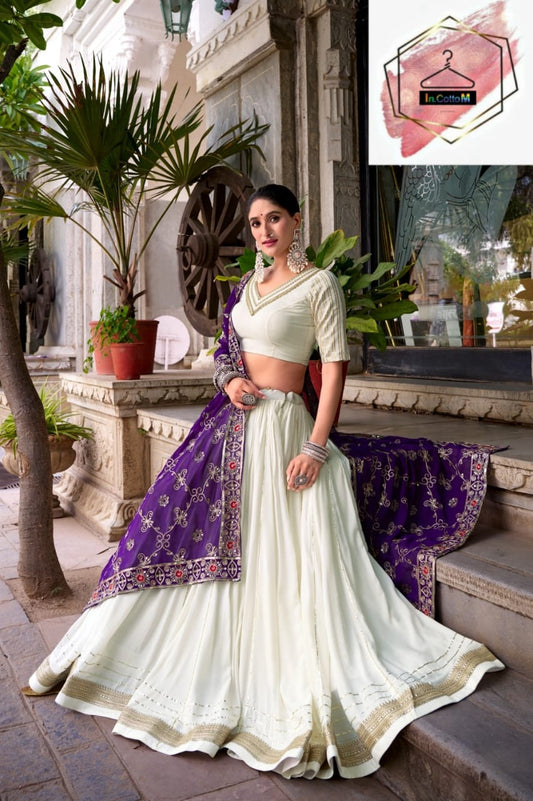 PURE RAYON LEHENGA IN WHITE & PURPLE