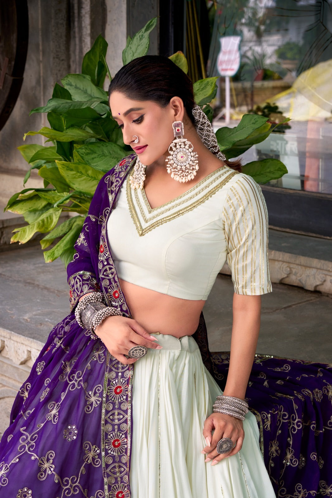 PURE RAYON LEHENGA IN WHITE & PURPLE