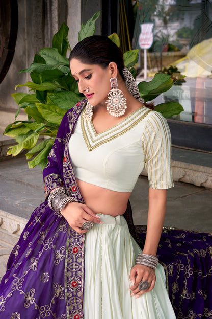 PURE RAYON LEHENGA IN WHITE & PURPLE