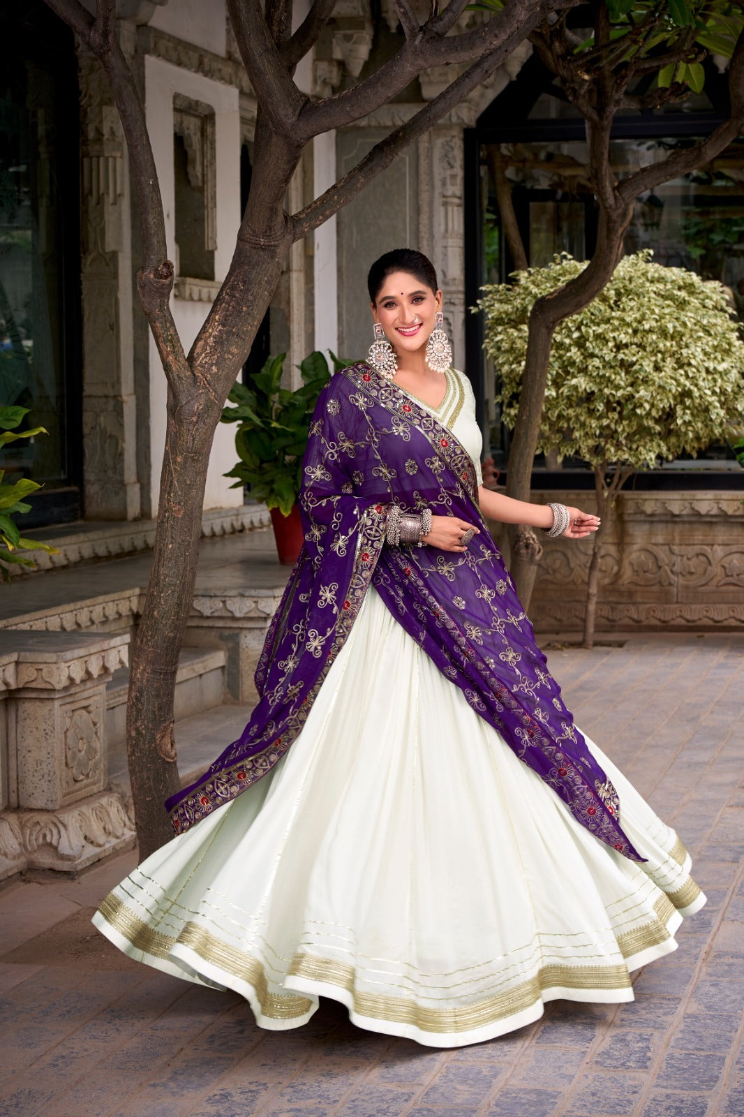 PURE RAYON LEHENGA IN WHITE & PURPLE