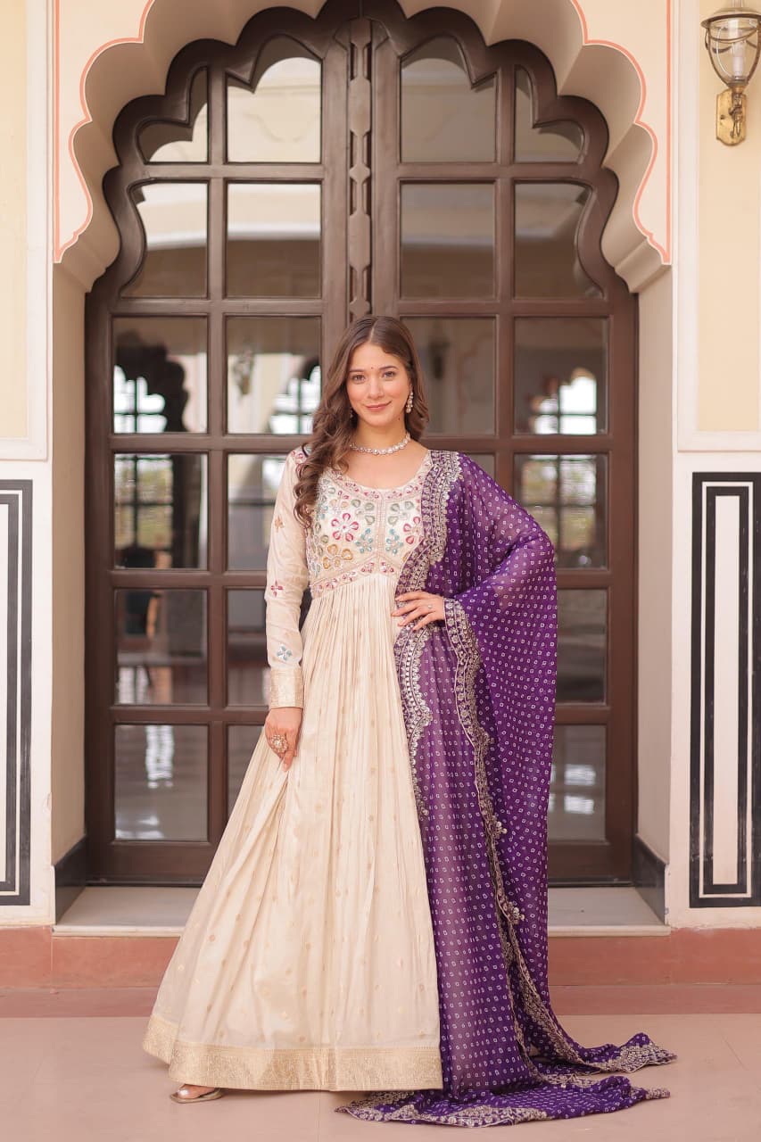 WOMEN'S CREAM COSMOS WEAVING JACQUARD PEARL BEADS EMBROIDERY WORK ANARKALI GOWN