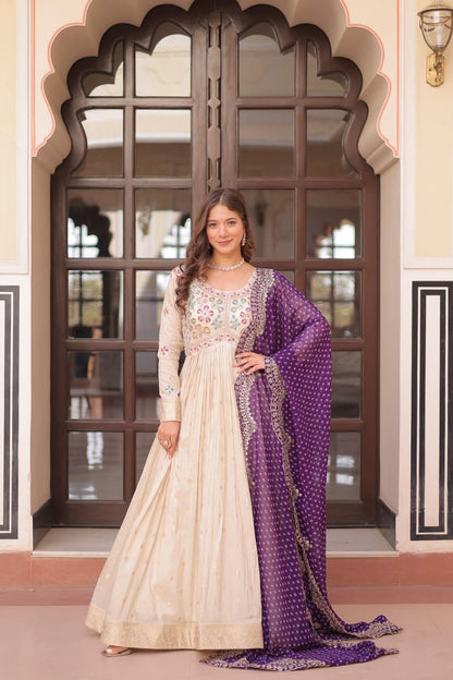 WOMEN'S CREAM COSMOS WEAVING JACQUARD PEARL BEADS EMBROIDERY WORK ANARKALI GOWN