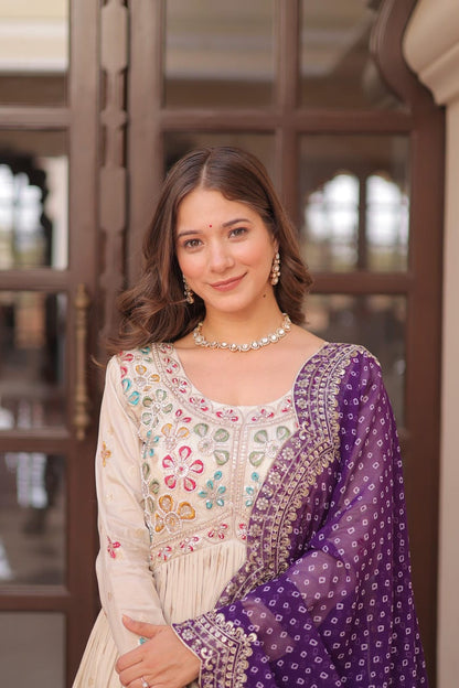 WOMEN'S CREAM COSMOS WEAVING JACQUARD PEARL BEADS EMBROIDERY WORK ANARKALI GOWN