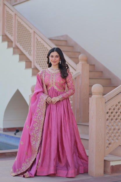MITAAKSH - GOWN DUPATTA WITH EMBROIDERY WORK IN PINK & GREEN