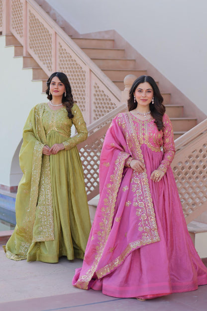 MITAAKSH - GOWN DUPATTA WITH EMBROIDERY WORK IN PINK & GREEN