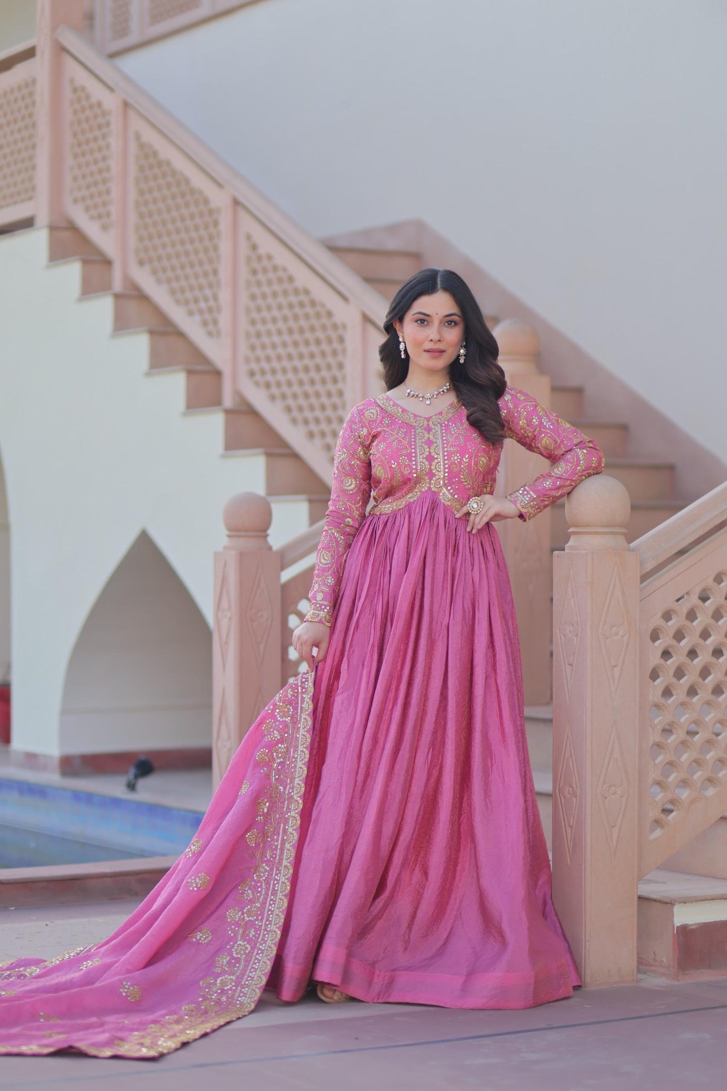 MITAAKSH - GOWN DUPATTA WITH EMBROIDERY WORK IN PINK & GREEN