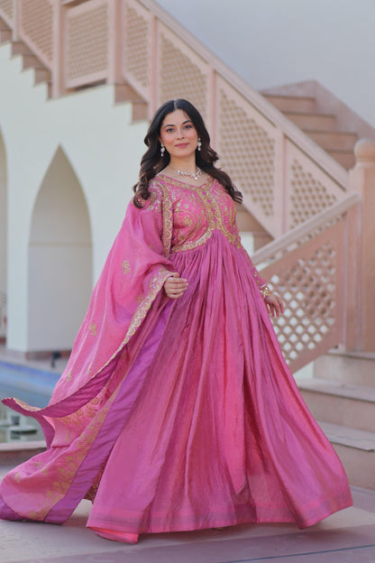 MITAAKSH - GOWN DUPATTA WITH EMBROIDERY WORK IN PINK & GREEN