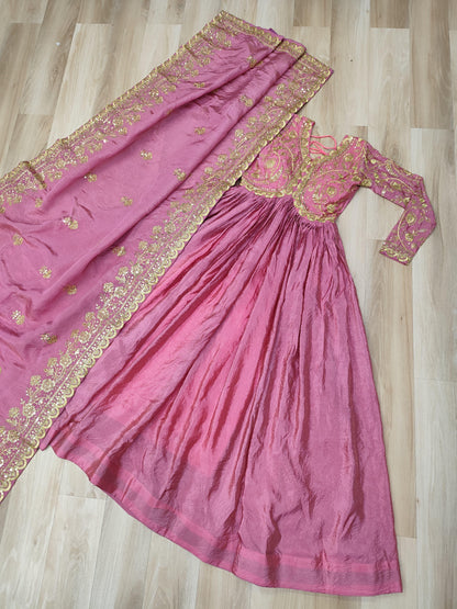 MITAAKSH - GOWN DUPATTA WITH EMBROIDERY WORK IN PINK & GREEN