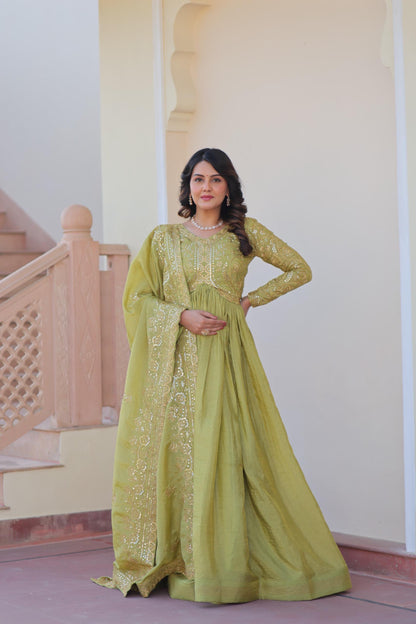 MITAAKSH - GOWN DUPATTA WITH EMBROIDERY WORK IN PINK & GREEN
