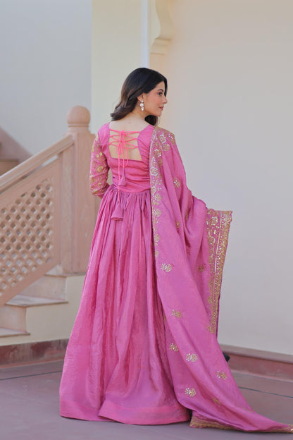 MITAAKSH - GOWN DUPATTA WITH EMBROIDERY WORK IN PINK & GREEN