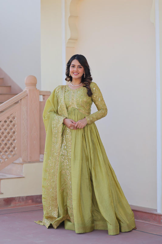 MITAAKSH - GOWN DUPATTA WITH EMBROIDERY WORK IN PINK & GREEN