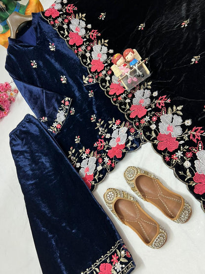 PRESENTING GOOD QUALITY HEAVY VELVET KURTA & PANT (3-PIS SET) WITH BEAUTIFUL SEQUINS EMBROIDERY WORK