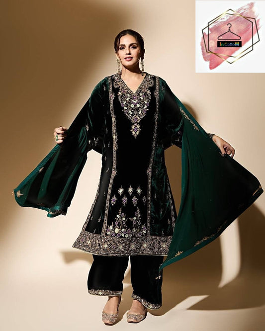 HUMA QURESHI- PARTY WEAR HEAVY VISCOSE VELVET TOP - PLAZZO WITH DUPTTA SET