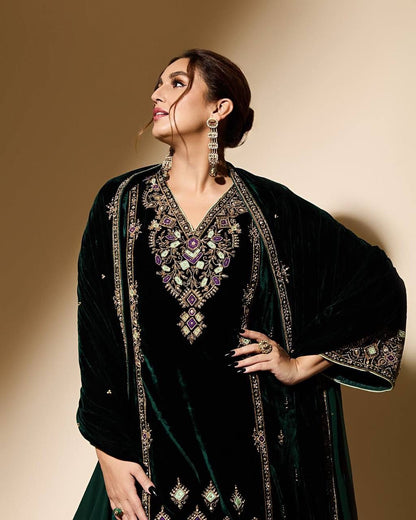 HUMA QURESHI- PARTY WEAR HEAVY VISCOSE VELVET TOP - PLAZZO WITH DUPTTA SET