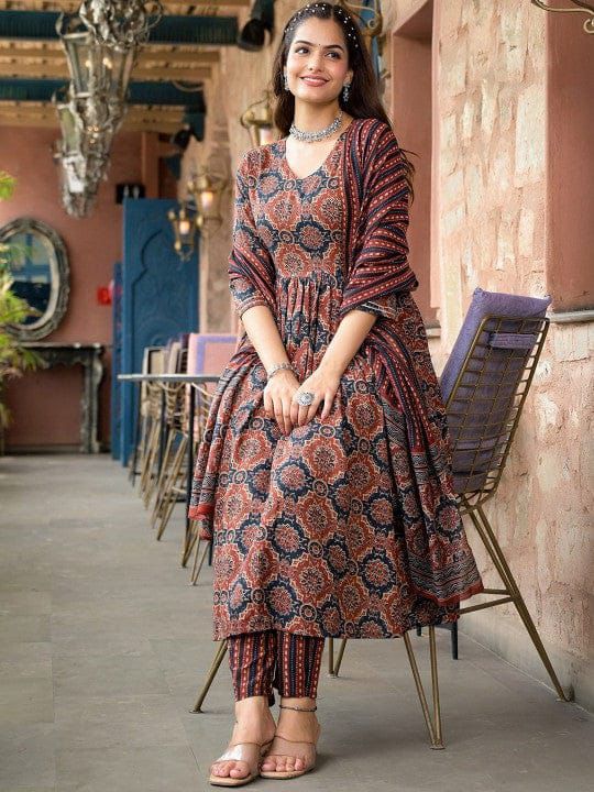 PURE COTTON AJRAKH PRINT ANARKALI KURTI WITH FULL FLAIR