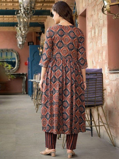 PURE COTTON AJRAKH PRINT ANARKALI KURTI WITH FULL FLAIR