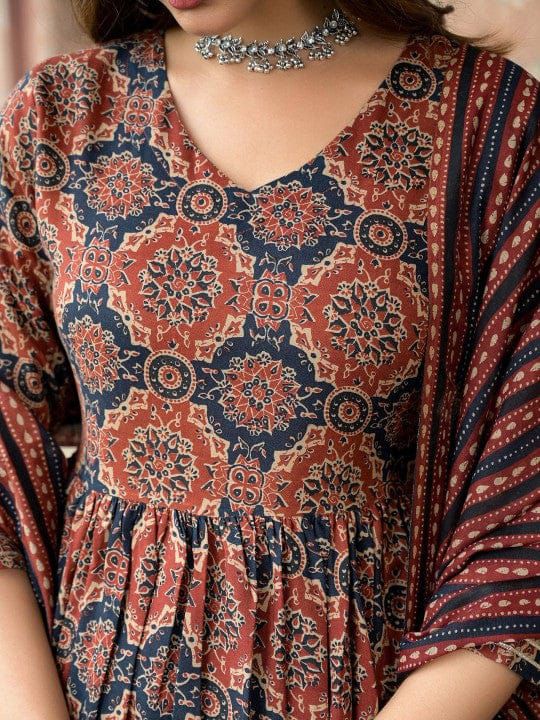 PURE COTTON AJRAKH PRINT ANARKALI KURTI WITH FULL FLAIR
