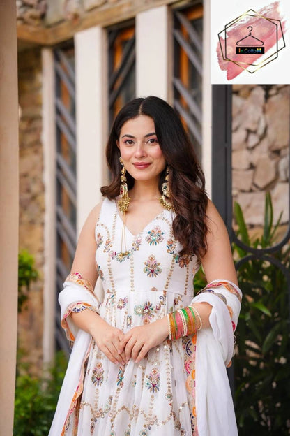 FAUX GEORGETTE  WHITE ANARKALI