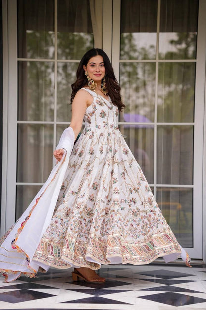 FAUX GEORGETTE  WHITE ANARKALI