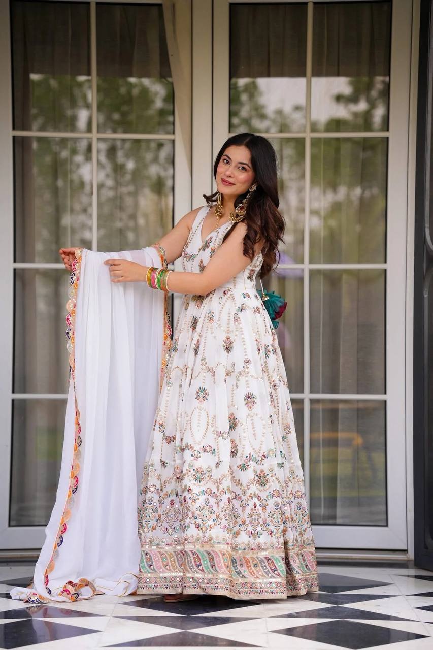 FAUX GEORGETTE  WHITE ANARKALI