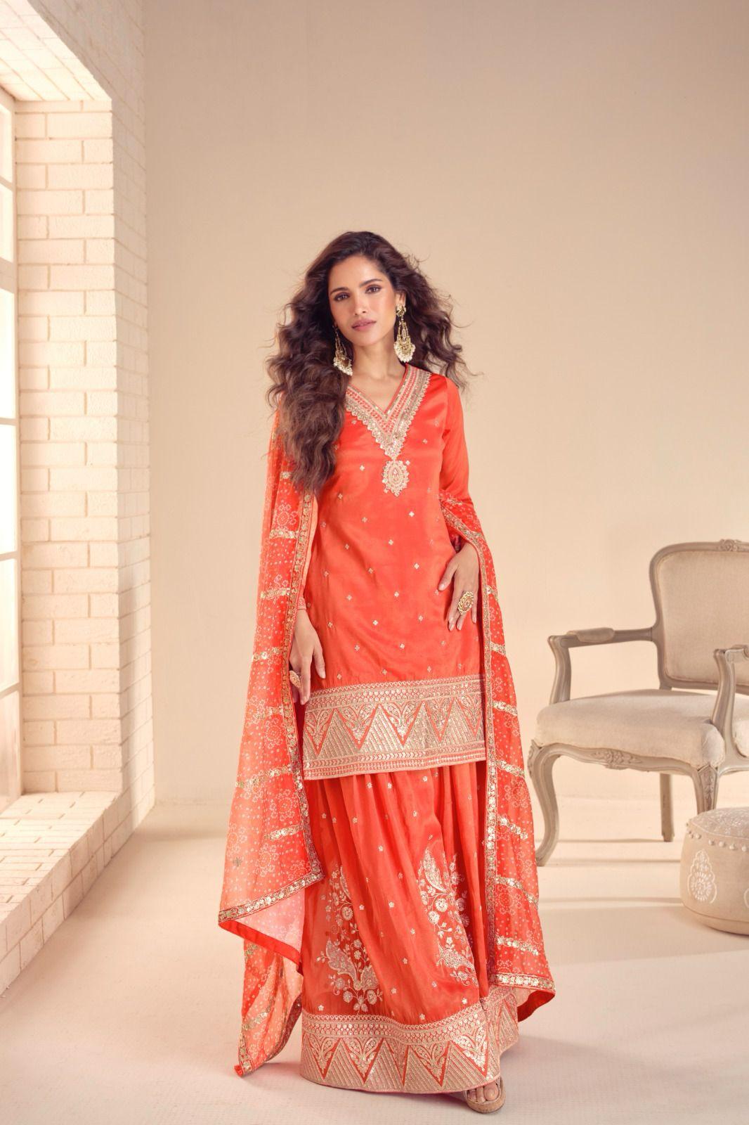 FULL STITCHED SALWAR KAMEEZ PLAZZO SUIT COSMOS SILK WITH EMBROIDERY SEQUENCE