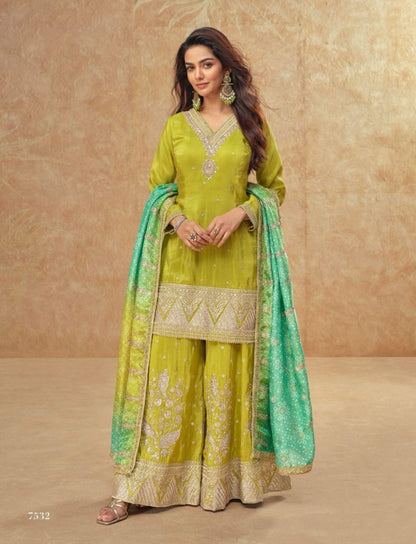 FULL STITCHED SALWAR KAMEEZ PLAZZO SUIT COSMOS SILK WITH EMBROIDERY SEQUENCE