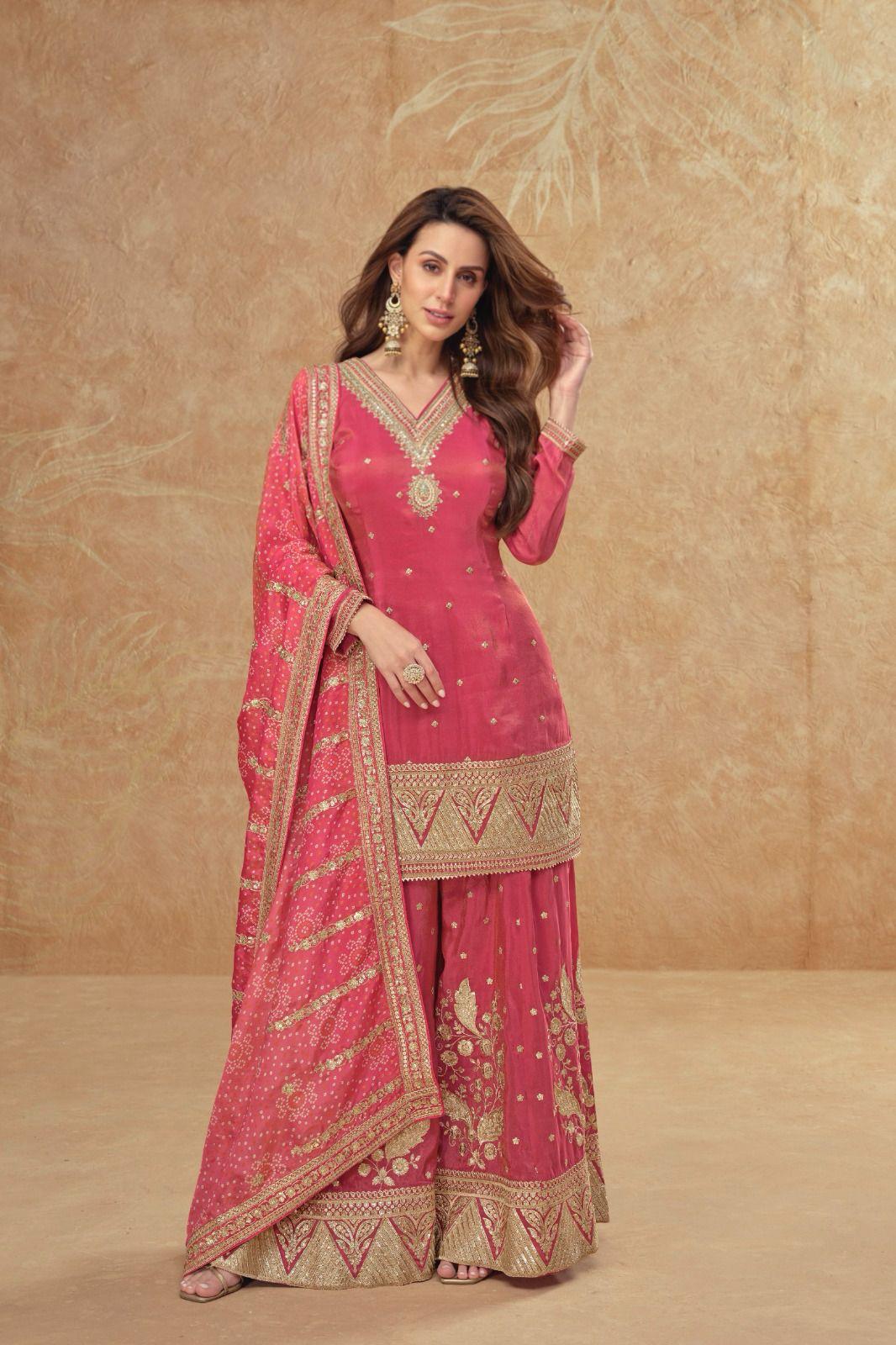 FULL STITCHED SALWAR KAMEEZ PLAZZO SUIT COSMOS SILK WITH EMBROIDERY SEQUENCE