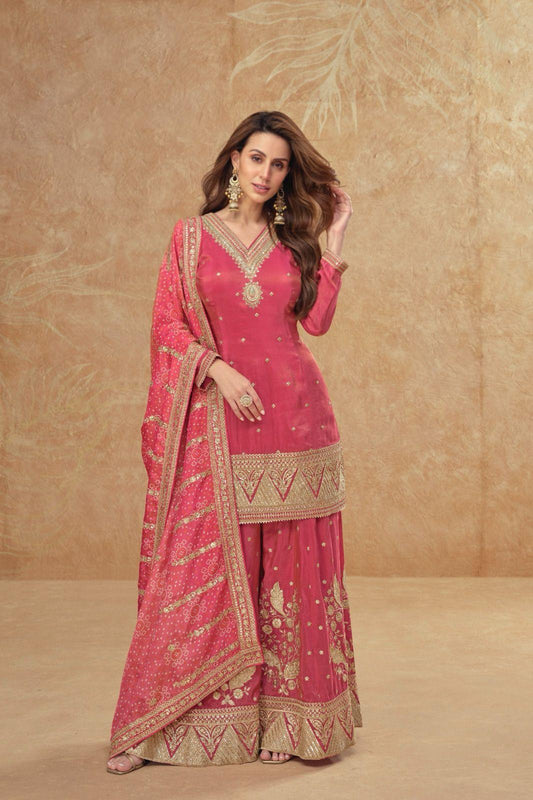 FULL STITCHED SALWAR KAMEEZ PLAZZO SUIT COSMOS SILK WITH EMBROIDERY SEQUENCE