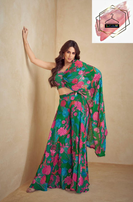 LEAF GREEN - PURE CHINON SILK CROP TOP WITH PLAZZO