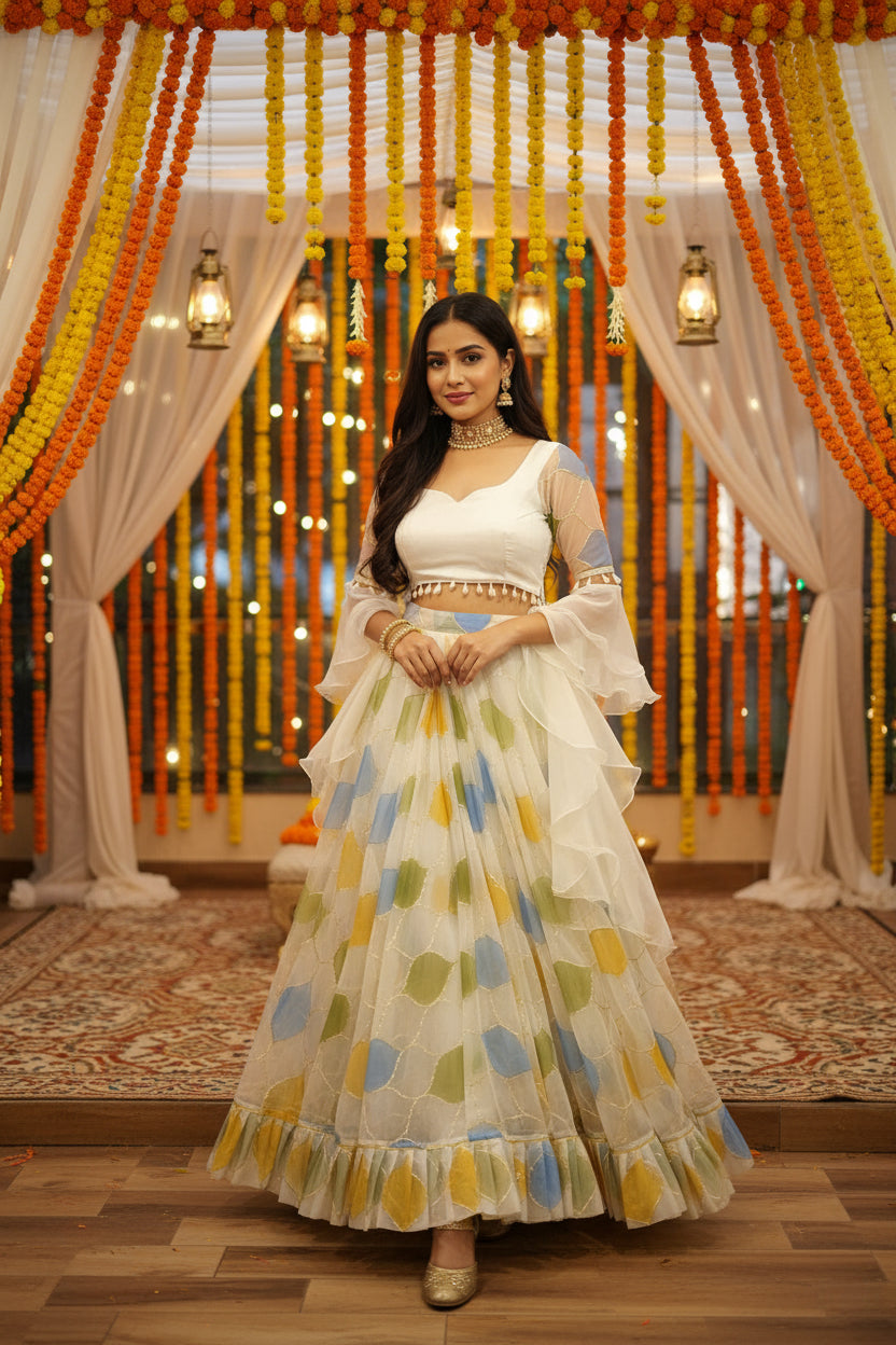 ZARINA- WEDDING SPECIAL ORGANZA HAND PAINTED LAHENGA SET (Fully Stitched)