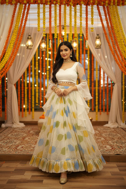 ZARINA- WEDDING SPECIAL ORGANZA HAND PAINTED LAHENGA SET (Fully Stitched)