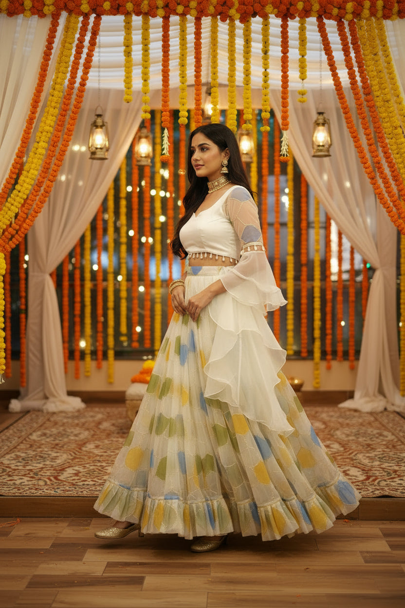 ZARINA- WEDDING SPECIAL ORGANZA HAND PAINTED LAHENGA SET (Fully Stitched)