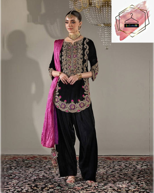 TWIRL IN ELEGANCE EXCLUSIVE FARSI SALWAR SUIT IN FRENCH CRAPE FABRIC TOP PANT DUPATTA