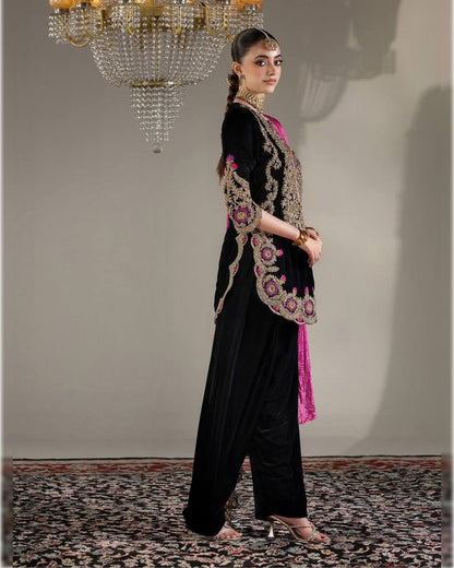 TWIRL IN ELEGANCE EXCLUSIVE FARSI SALWAR SUIT IN FRENCH CRAPE FABRIC TOP PANT DUPATTA